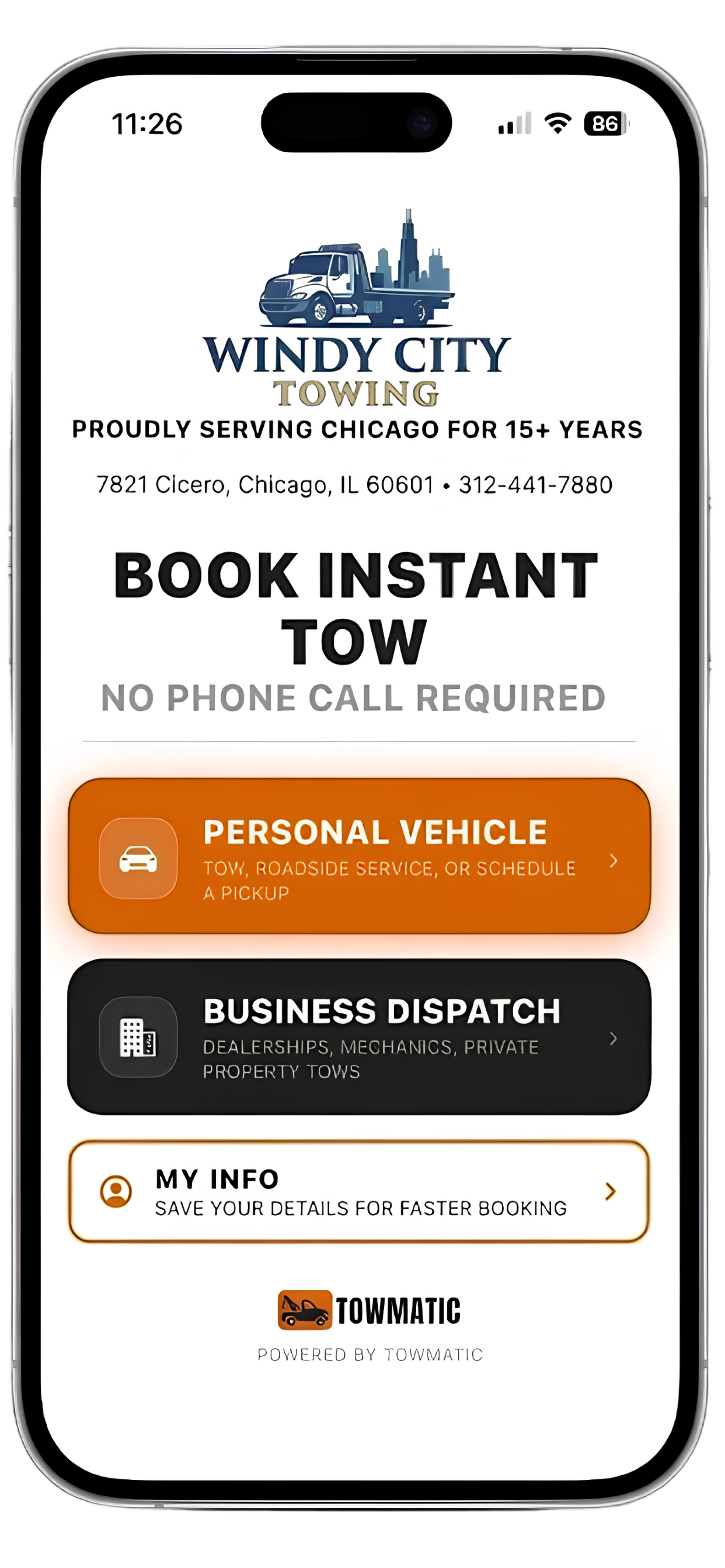 Towmatic native app dispatch screen