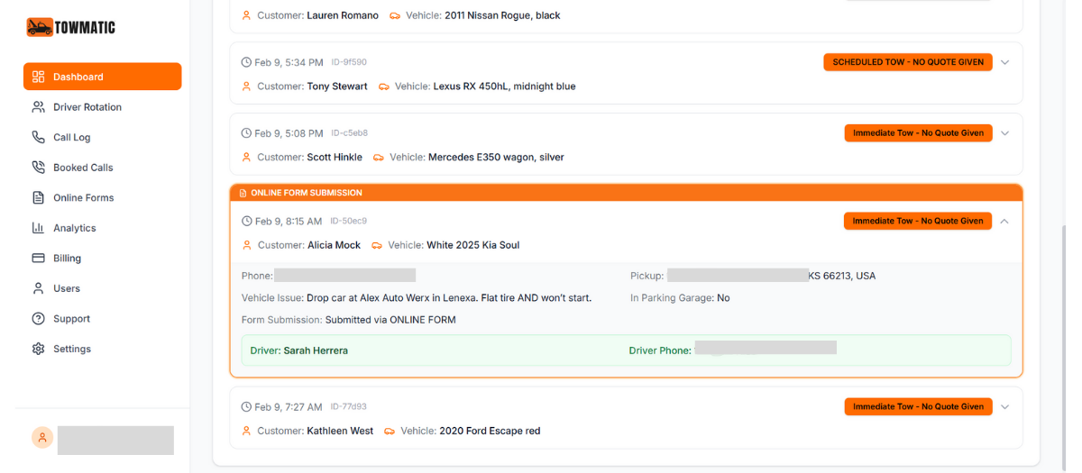 Towmatic Dashboard showing online form submissions