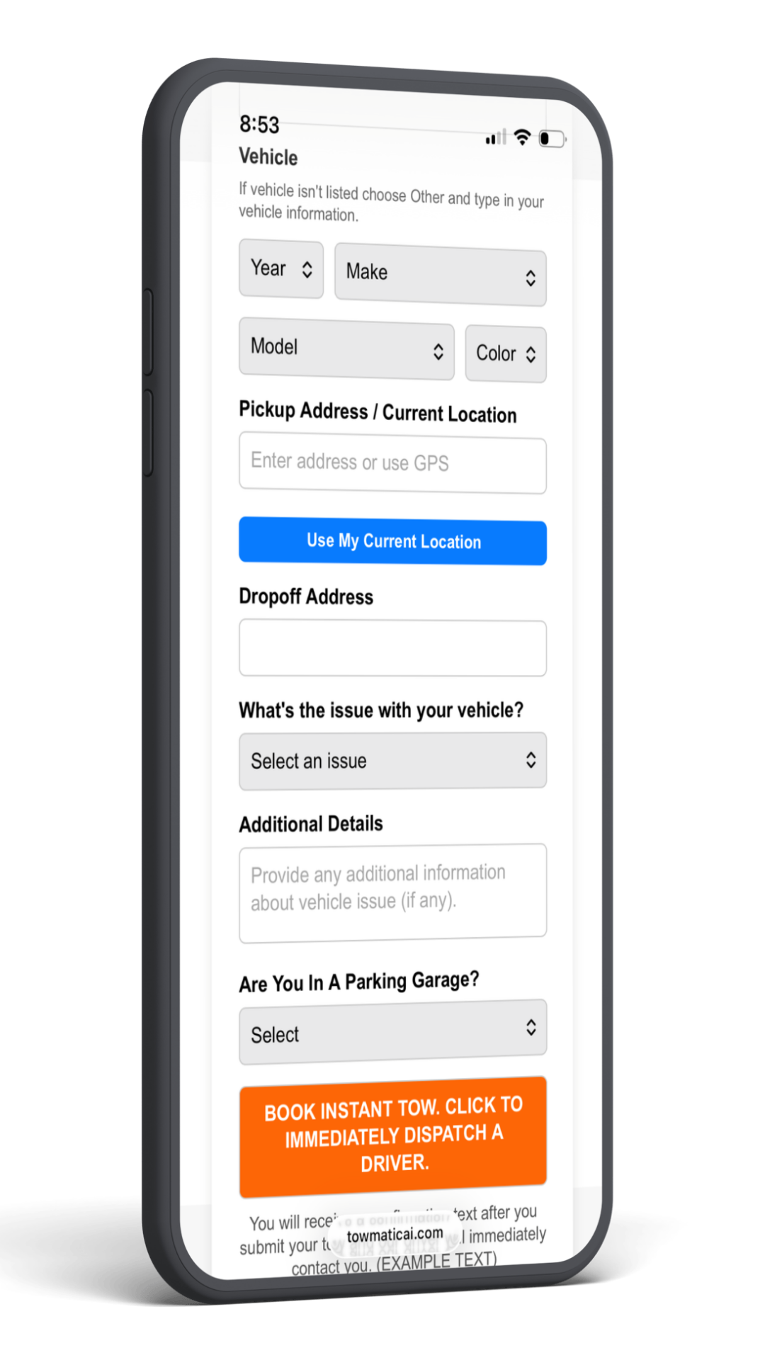 Towmatic Mobile Tow Request Form - Vehicle Details and GPS Location Capture